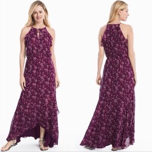 White House Black Market Hi Low Maxi Dress Purple Floral Ruffle Sleeveless 4